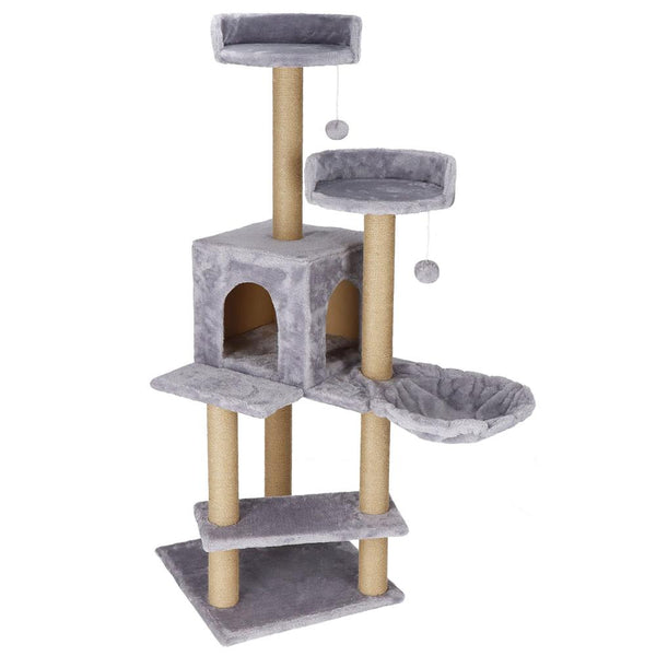 Ansamblu de joaca pentru pisici, cu loc pentru zgariat, ascuns, culcus, mingi, 129cm, gri