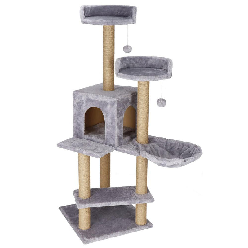 Ansamblu de joaca pentru pisici, cu loc pentru zgariat, ascuns, culcus, mingi, 129cm, gri