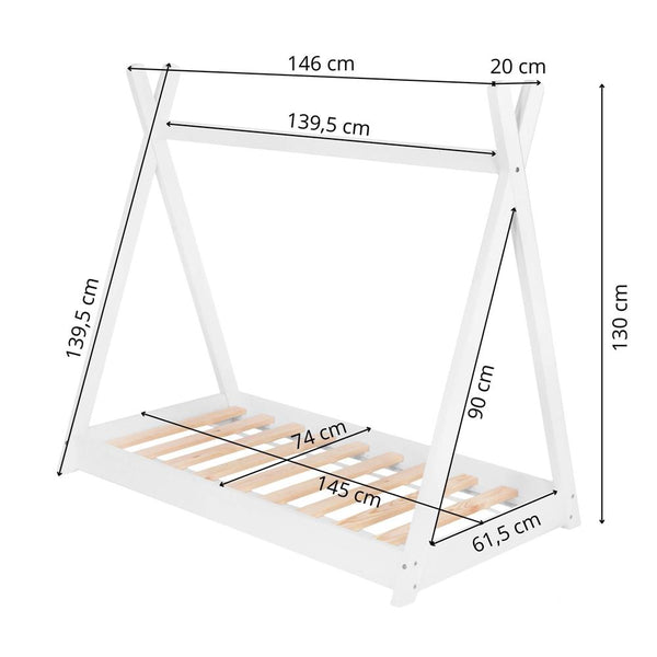 Pat din lemn pentru copii, model TeePee, somiera inclusa, 61x146x130 cm, alb