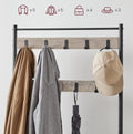 VASAGLE Cuier multifunctional 70x32x175 cm, cu 9 carlige, banca si 2 rafturi pantofi, PAL si otel, gri si negru