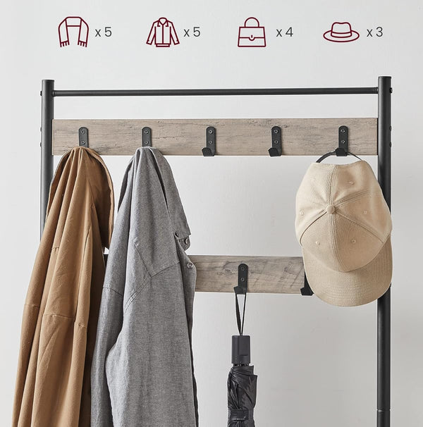 VASAGLE Cuier multifunctional 70x32x175 cm, cu 9 carlige, banca si 2 rafturi pantofi, PAL si otel, gri si negru