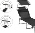 SONGMICS Sezlong pliabil, cu parasolar si tetiera, spatar reglabil in 4 pozitii, maxim 150kg, 193x53x29cm, negru