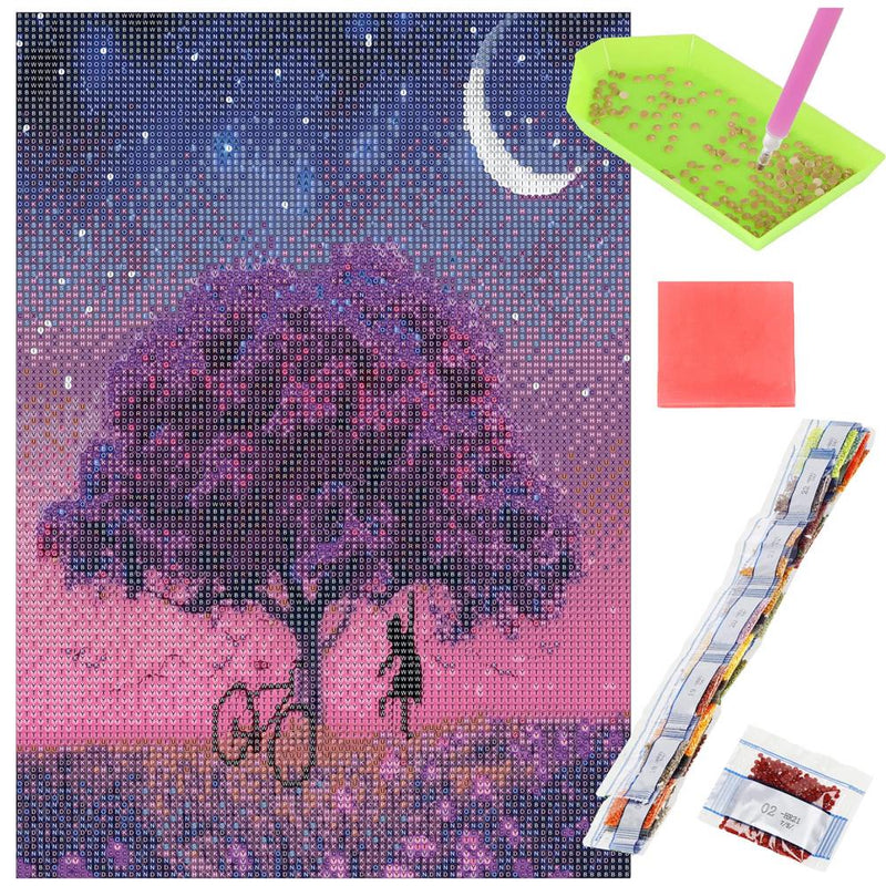 Set de broderie cu diamante 5D, 30x40cm, model Pom inflorit sub luna