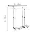 Suport pentru haine pe roti, sina dubla, reglabil pe inaltime si latime, din aluminiu cromat, 155x45x150cm, argintiu