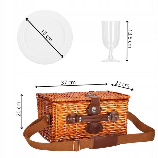 Cos de picnic echipat pentru 2 persoane Deluxe, din rachita, cu vesela si tacamuri, frigorific