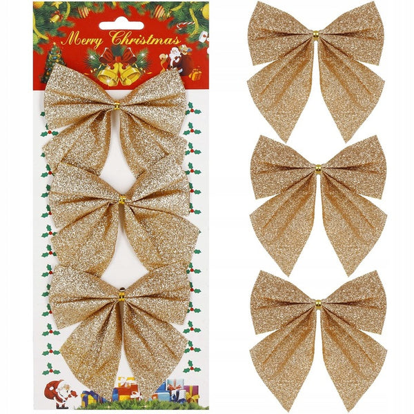Set 3 ornamente pentru bradul de Craciun, fundita, 11cm, auriu