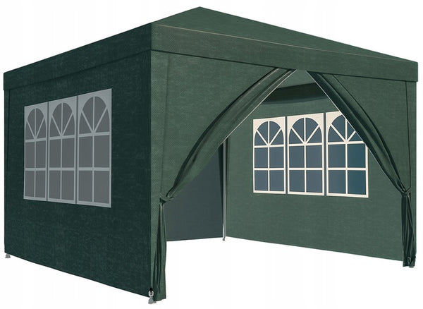 Cort pavilion de gradina, 300x300 cm, cu 4 pereti laterali cu ferestre, impermeabil cu rezistenta UV, verde