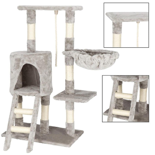 Ansamblu de joaca pentru pisici, cu loc pentru zgariat, ascuns, culcus, sfoara, 96cm, gri