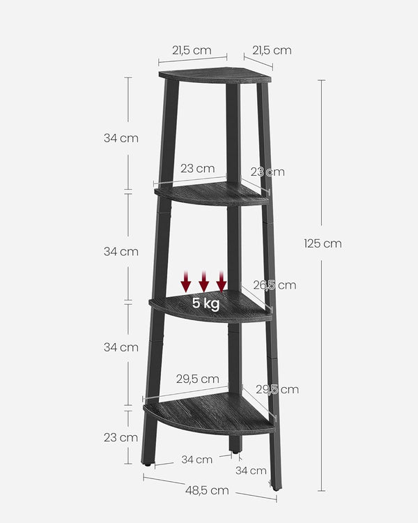 VASAGLE Raft de colt cu 4 etaje, tip biblioteca, cadru metal si polite lemn, 34x34x125 cm, negru