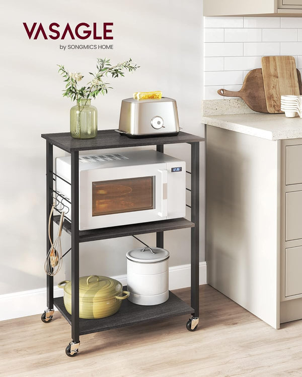 VASAGLE Raft de bucatarie pe roti, carucior de servire cu 3 rafturi, cadru metalic, 40x60x89 cm, design industrial, negru