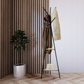 Cuier hol, metalic, 2 rafturi MDF, design minimalist, 180 cm, negru