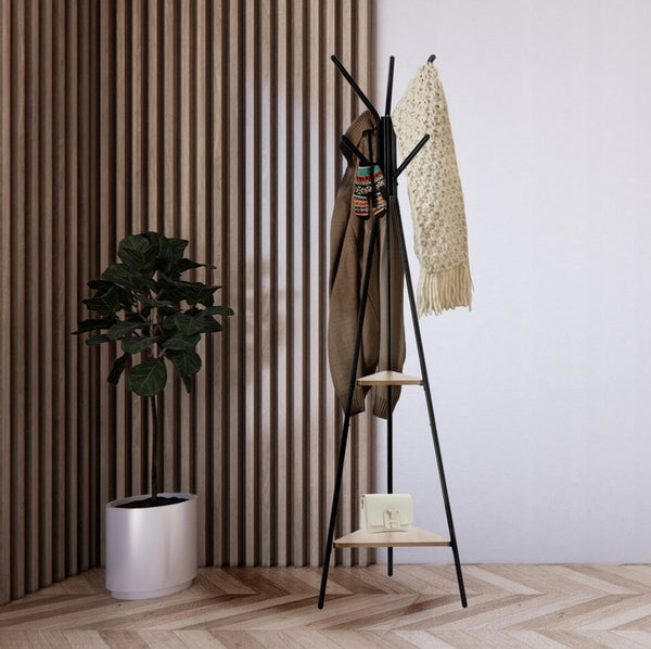 Cuier hol, metalic, 2 rafturi MDF, design minimalist, 180 cm, negru