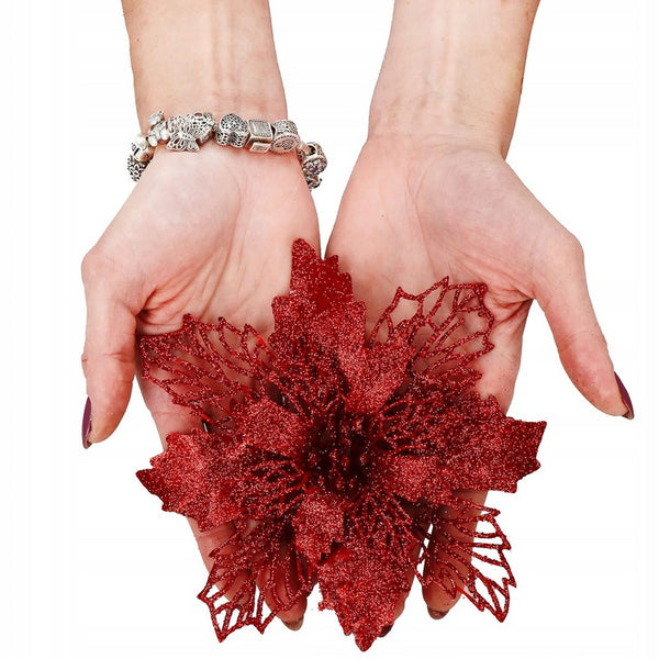 Set 10 ornamente pentru bradul de Craciun, stea Poinsettia, 16cm, visiniu