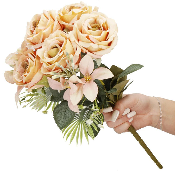 Buchet de flori artificiale din poliester, 9 fire trandafiri, 40cm, roz
