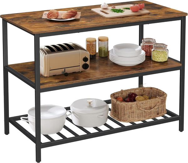 VASAGLE Raft de bucatarie tip insula, cadru de otel cu 3 nivele, stil industrial, 60x120x90cm, maro