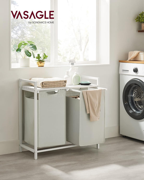 VASAGLE Cos de rufe, 2 compartimente, saci de rufe detasabili, raft, cadru metalic, 2x46L, 73x33x72 cm, alb