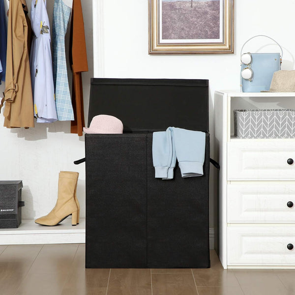 SONGMICS Cos de rufe textil, pliabil, 2 compartimente, saci detasabili, 142L, 60x36x66cm, negru