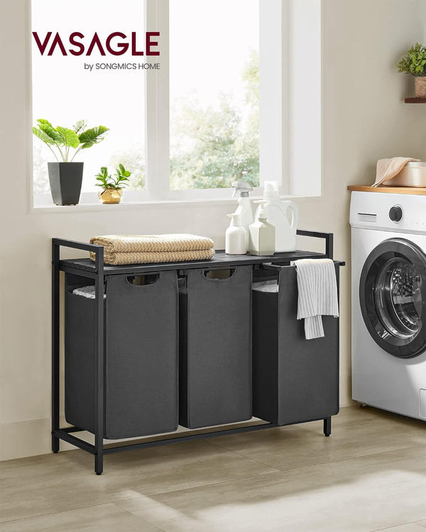 VASAGLE Cos de rufe, 3 compartimente, saci de rufe detasabili, raft, cadru metalic, 3x38L, 93x33x72 cm, negru