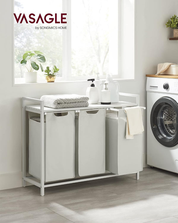 VASAGLE Cos de rufe, 3 compartimente, saci de rufe detasabili, raft, cadru metalic, 3x38L, 93x33x72 cm, alb
