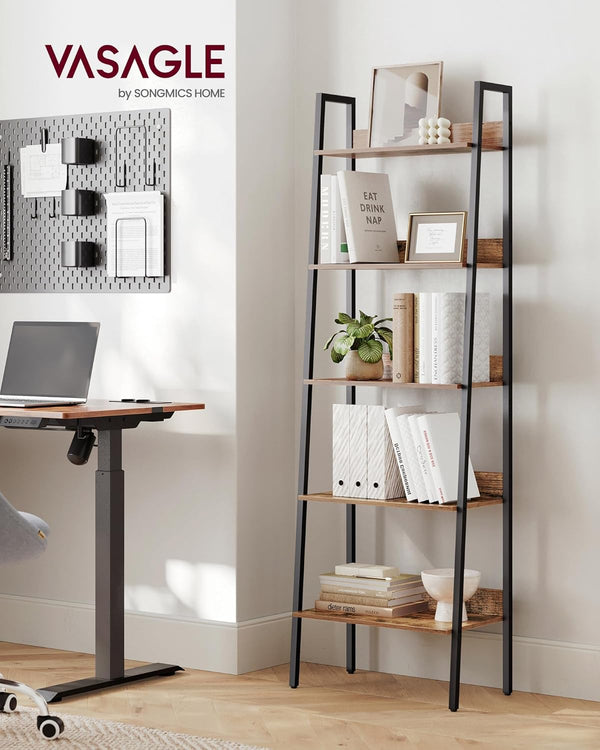 VASAGLE Biblioteca tip scara, cadru otel cu 5 polite, stil industrial, 60x30x170 cm, maro