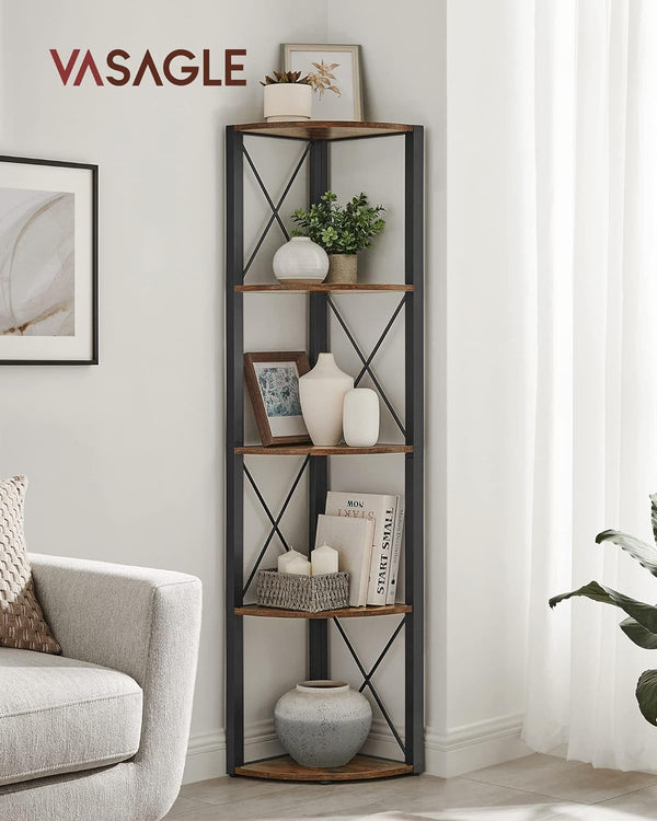 VASAGLE Biblioteca de colt cu 5 etaje, cadru metalic, stil industrial, 30x30x160 cm, maro rustic