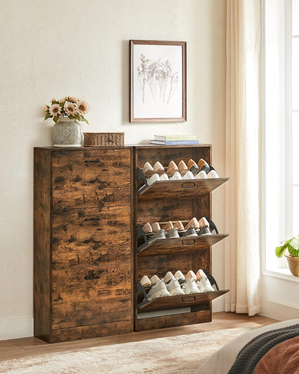 VASAGLE Dulap pantofi cu 3 usi rabatabile, din lemn, pentru 12-18 perechi, 60x24x120cm, maro rustic