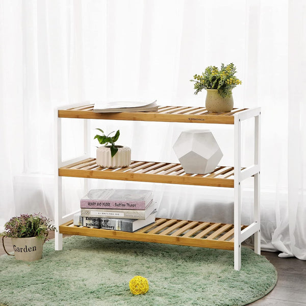 SONGMICS Raft de depozitare din bambus, cu 3 niveluri, 26x70x55cm, alb si maro