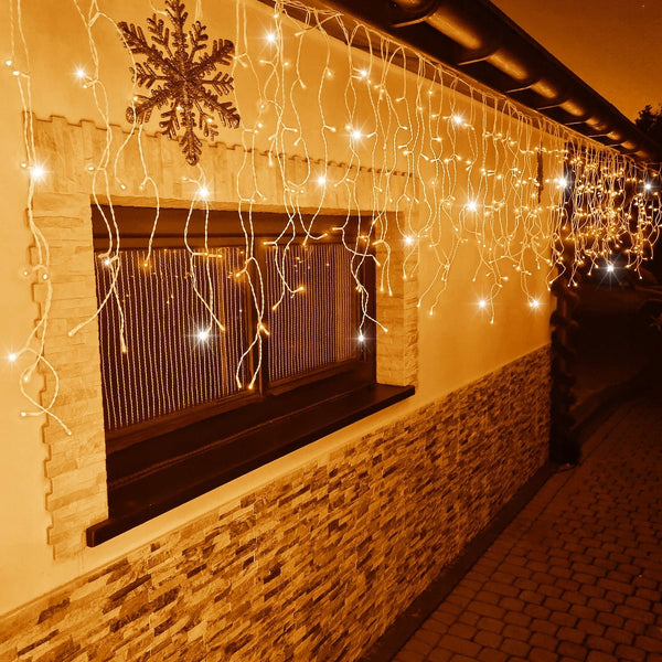Instalatie luminoasa tip turturi LED exterior/interior, 500 LED-uri alb cald cu flash alb rece, 20 m, IP44, conectabila