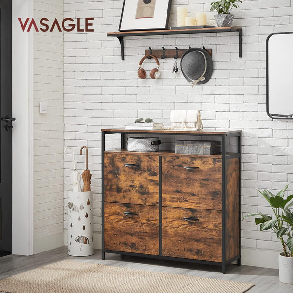 VASAGLE Dulap pantofi din MDF cu ​​4 usi basculante, pentru 12-20 perechi, 98x30x95cm, maro rustic si negru