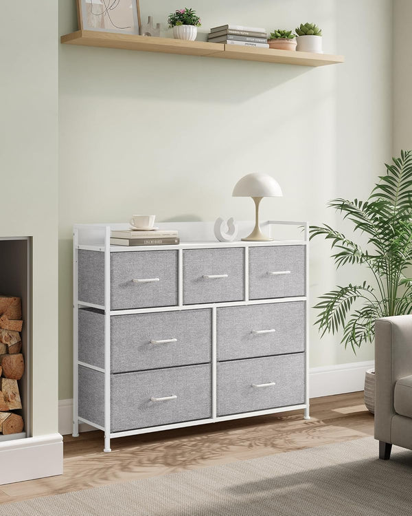 SONGMICS Comoda cu cadru metalic si 7 sertare din stofa, 29x98x85 cm , gri si alb