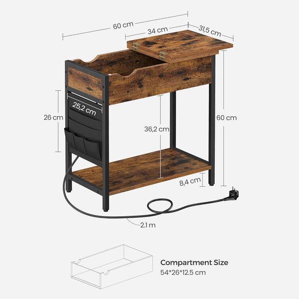 VASAGLE Masa laterala pliabila, tip noptiera, cu prize si porturi USB, raft si geanta din textil, 60x32x60 cm, maro rustic