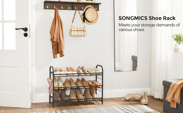 SONGMICS Raft de depozitare pantofi, din metal, pe 3 niveluri, cu rafturi unghiulare reglabile, 28x69x50cm, negru