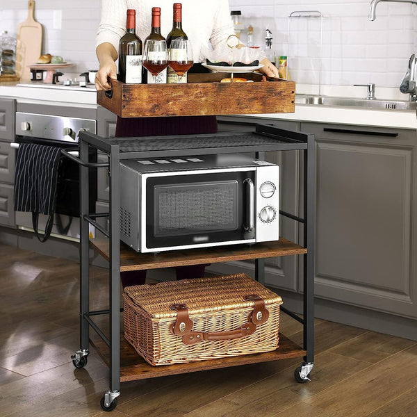 VASAGLE Carucior de servire pe roti pentru bucatarie, 3 polite, tava detasabila, stil industrial, 40x72x86cm, maro rustic