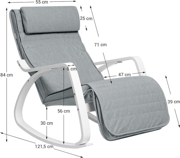 SONGMICS Scaun balansoar din lemn, suport picioare reglabil, maxim 150kg, 67x122x84cm, gri deschis