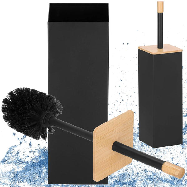 Perie WC cu rezervor detasabil si capac, din metal si bambus, 40 cm, negru