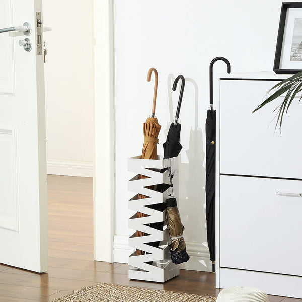 SONGMICS Suport metalic pentru umbrele, cu carlige si tava de picurare, 15x15x49cm, alb