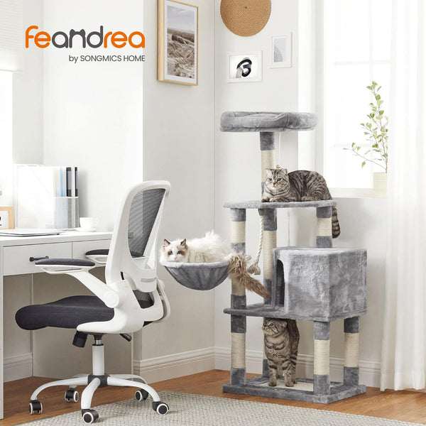 FEANDREA Ansamblu de joaca pentru pisici, tip copac, cu 2 culcusuri si ascunzatoare, 54x40x138cm, gri deschis