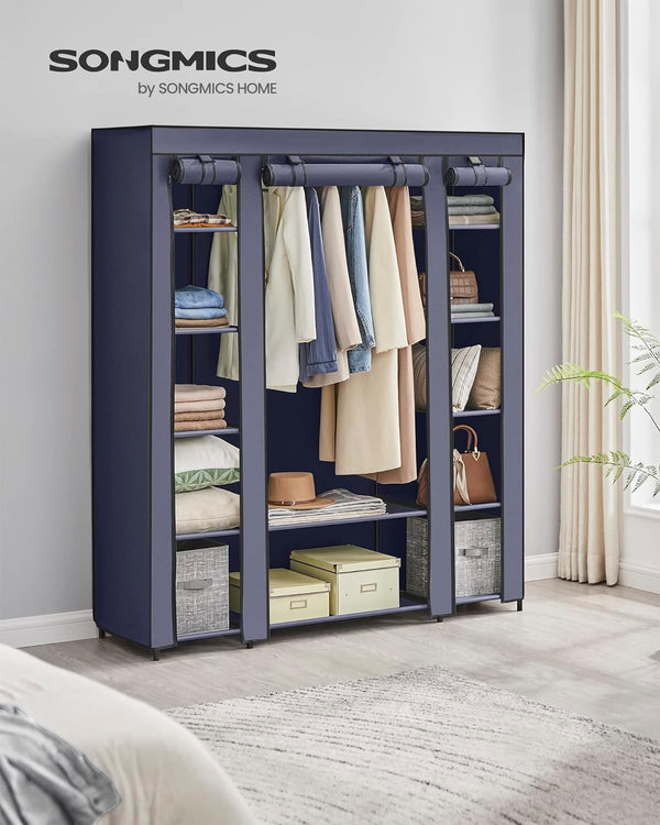 SONGMICS Garderoba din material textil, dulap portabil, cu rafturi si sina de agatat, 150x45x175cm, albastru