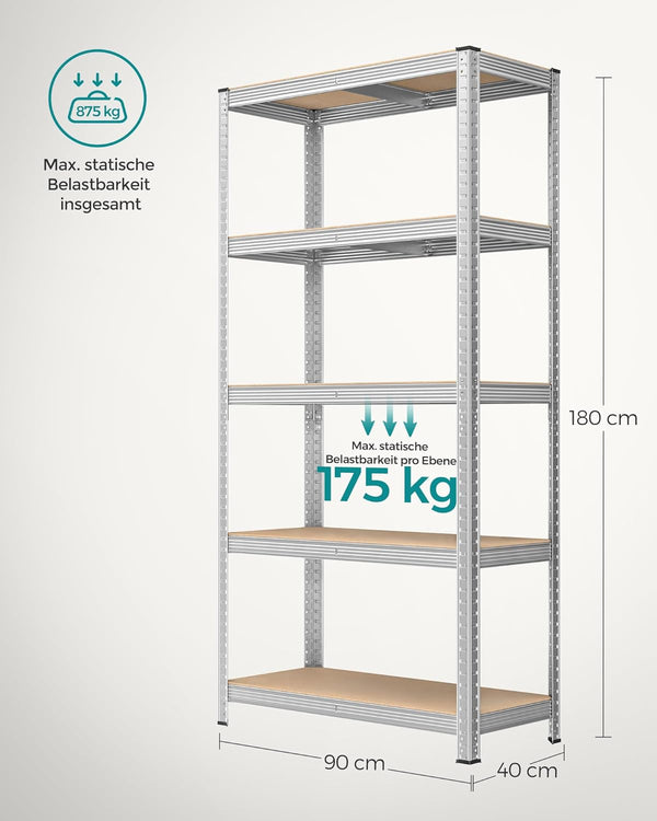 SONGMICS Raft de depozitare metalic, cu suprafata galvanizata, 5 polite, max. 875 kg, 180x90x40cm, argintiu
