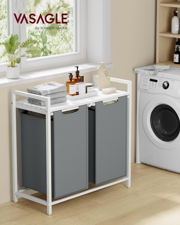 VASAGLE Cos de rufe, 2 compartimente, saci de rufe detasabili, raft, cadru metalic, 2x46L, 73x33x72 cm, alb si gri deschis