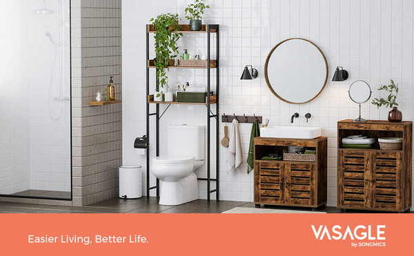 VASAGLE Raft de depozitare pentru baie, suprapunere peste masina spalat sau vas WC, 25x63x165 cm, maro