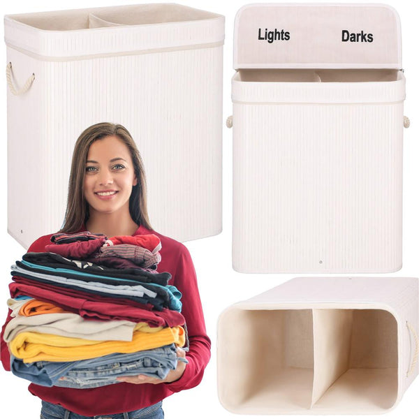Cos de rufe din bambus cu capac, 2 compartimente, sac detasabil, volum 100L, 54x35x60cm, alb