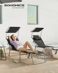 SONGMICS Sezlong pliabil, cu parasolar si tetiera, spatar reglabil in 4 pozitii, maxim 150kg, 193x53x29cm, negru