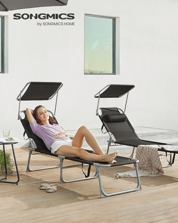 SONGMICS Sezlong pliabil, cu parasolar si tetiera, spatar reglabil in 4 pozitii, maxim 150kg, 193x53x29cm, negru