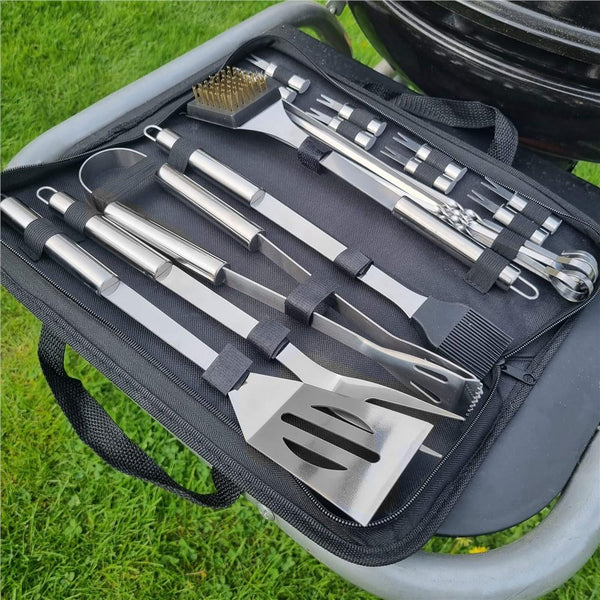 Set accesorii pentru gratar din inox, 20 de piese inclusiv perie, husa transport