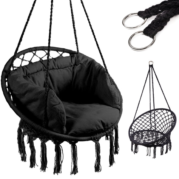 Scaun rotund tip leagan suspendat cu perna Confort Plus, casa sau gradina, negru
