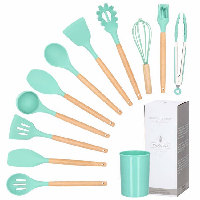 Set Sersimo 12 ustensile de bucatarie din silicon termorezistent si maner din bambus, verde