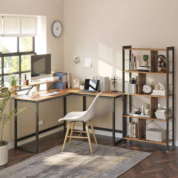 VASAGLE Birou in forma de L cu suport pentru monitor, cadru metalic, 140x130x76cm, maro rustic