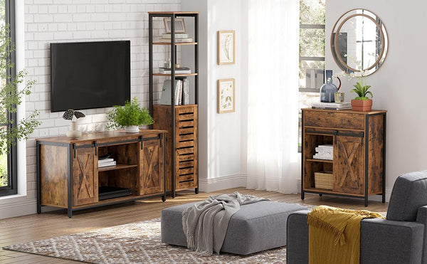 VASAGLE Comoda pentru living sau bucatarie, cu 2 sertare si usa glisanta, rafturi reglabile, stil rustic, 30x70x80cm, maro si negru