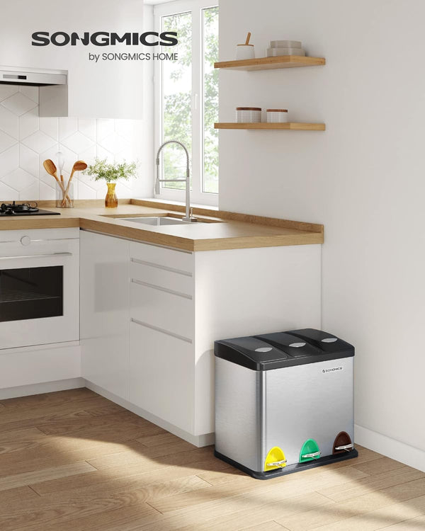 SONGMICS Cos de gunoi din inox cu 3 compartimente colectare selectiva, cu galeti interioare, 3x8litri, argintiu si negru
